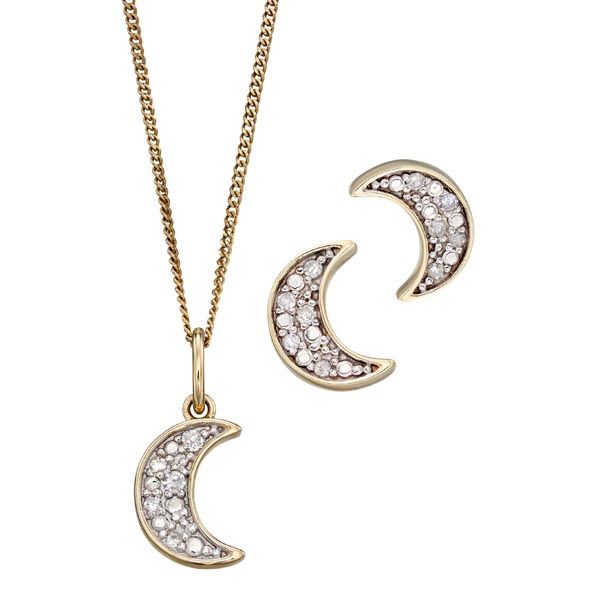 9ct yellow gold & diamond crescent moon pendant on chain £170 and earrings £125 Sally Thornton Jewellery blog Kettering Northampton