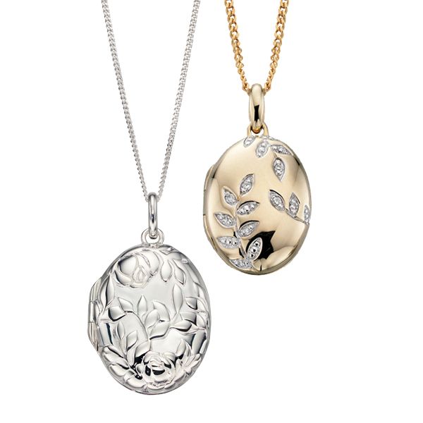 9ct yellow gold diamond oval leaf locket & Silver embossed rose bush locket on Sally Thornton jewellry blog at Thorntons Jewellers Kettering