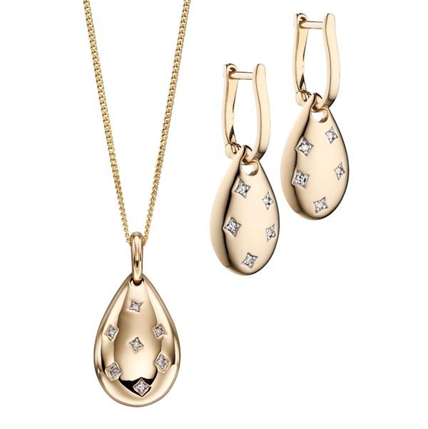 9ct yellow gold & diamond peardrop pendant on chain £555 & drop earrings £399 on Sally Thornton Jewellery blog at thorntons jewellers kettering