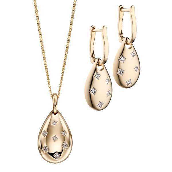 9ct yellow gold & diamond peardrop pendant on chain & drop earrings from Thorntons Jewellers Kettering Northampton