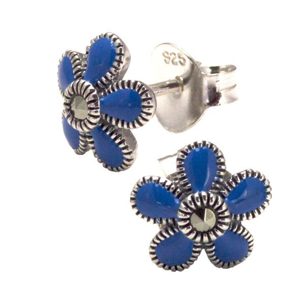 Blue enamel silver flower stud earrings on Sally Thornton Jewellery blog at Thorntons Jewellers Kettering