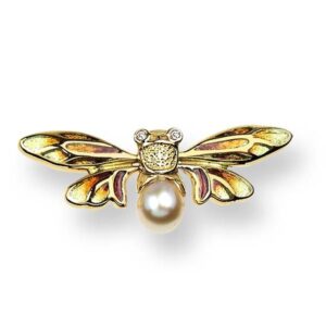 Plique-a-Jour Enamel on 18 ct Gold Bee Lapel Pin-Gold Set with Diamonds and akoya pearl on Sally Thornton Jewellery blog on flying inspiration at thorntons jewellers kettering northampton