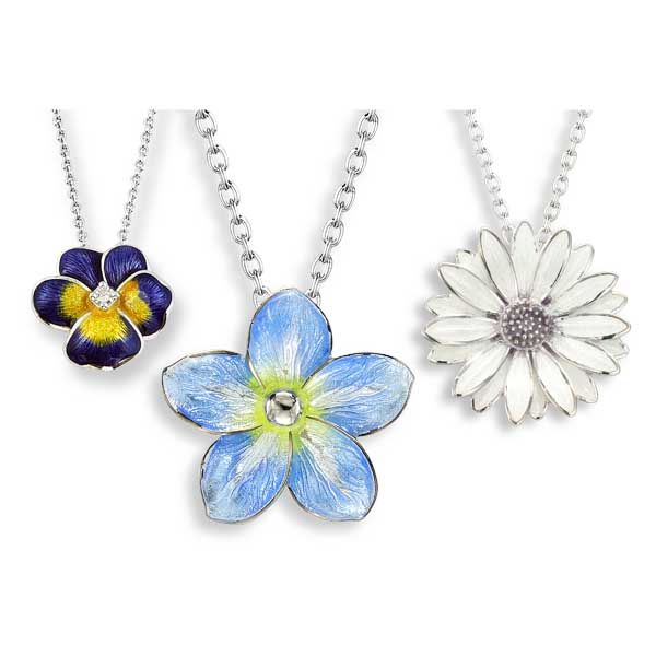 Sterling Silver enamel necklaces, Purple Pansy with White Sapphires  Forget-me-not & White African Daisy Thorntons Jewellers Kettering ref 99167, 99172, 99173 