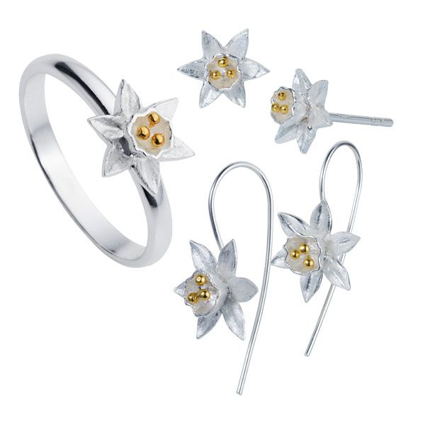 Silver & gold plate daffodil, ring , hook earrings & stud earrings from Thorntons Jewellers Kettering Northampton