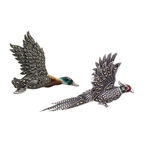 Silver marcasite and enamel brooches pheasant £75 & mallard £95 Sally Thornton Jewellery blog on flying inspiration at thorntons jewellers kettering northampton