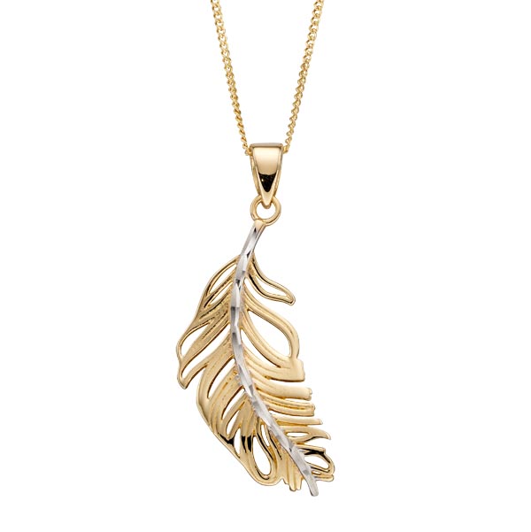 9ct yellow & white gold feather pendant on necklet £245 99865 on 99422 on Sally Thornton jewellery blog from Thorntons Jewellers Kettering Northampton  