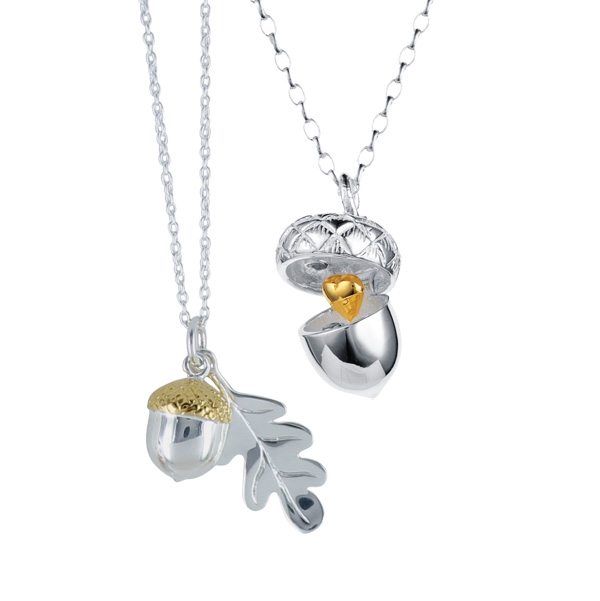 Silver & 18ct gold vermeil nutshell pendant £78 & oakleaf & acorn necklace £59 On Sally Thornton Jewellery Blog from Thorntons Jewellers Kettering Northampton