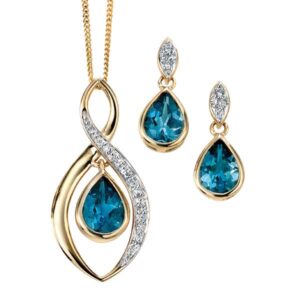9ct gold pear shape London blue with diamond surround pendant & chain £330 and earrings £235 from Sally Thorntons jewellery Blog at AA Thornton Jeweller Kettering Northampton