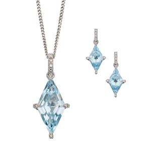 9ct white gold blue topaz and diamond pendant on chain £420 and matching earrings £470 Sally Thorntons Jewellery blog on Christmas gift ideas from Thornton Jewellers Kettering Northampton