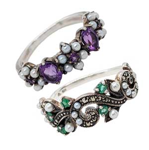 Silver pearl & marcasite rings with amethyst £95 or emerald £135 Sally Thorntons Jewellery blog on Christmas gift ideas from Thornton Jewellers Kettering Northampton