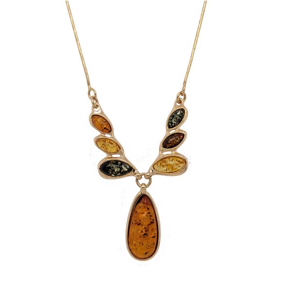 Gold Plated silver 7 link multi coloured amber necklace £135 100540 Sally Thorntons Jewellery blog on Amber from AA Thornton Jeweller Kettering Northampton
