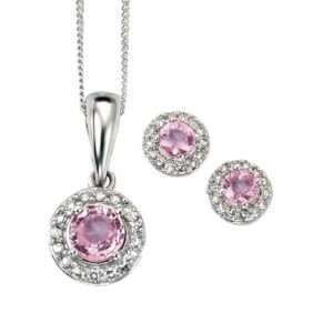 9ct white gold pink sapphire and diamond cluster pendant with chain £365 and earrings £289 from Sally Thorntons Jewellery blog at AA Thornton Jeweller Kettering Northampton