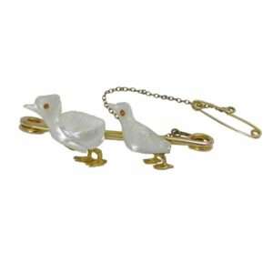 Gold bar brooch with two little mother of pearl ducks from Sally Thornton jewellers blog on bird jewellery Thorntons jeweller Kettering Northampton