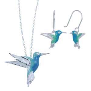 Silver enamel humming bird pendant on chain £59 & earrings £45 from Sally Thornton jewellers blog on bird jewellery Thorntons jeweller Kettering Northampton