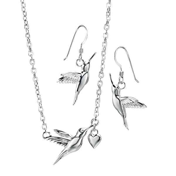 Silver hummingbird & heart necklace £52 & drop earrings £38 from Sally Thornton jewellers blog on bird jewellery Thorntons jeweller Kettering Northampton