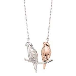 Silver & rose gold plated parakeet necklace £65 from Sally Thornton jewellers blog on bird jewellery Thorntons jeweller Kettering Northampton