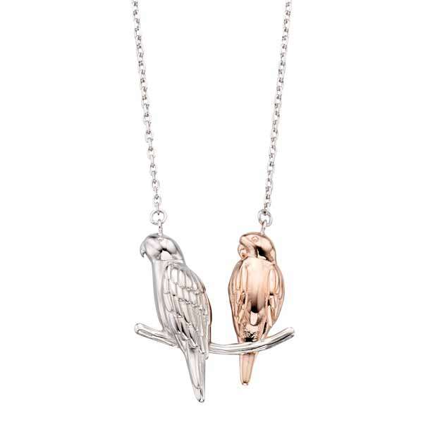 Silver & rose gold plated parakeet necklace £65 from Sally Thornton jewellers blog on bird jewellery Thorntons jeweller Kettering Northampton