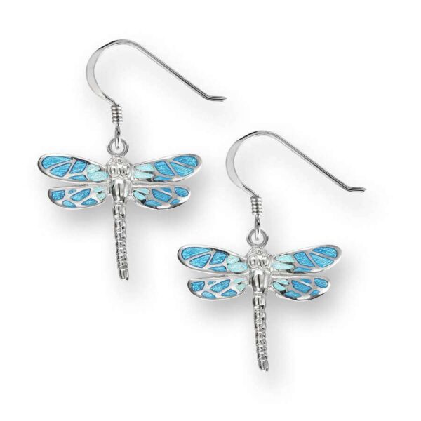 Blue Enamel Silver Dragonfly Wire Earrings