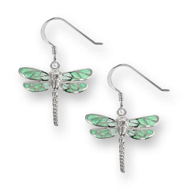 Green Enamel Silver Dragonfly Wire Earrings