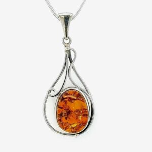 Oval amber and silver open wire pendant