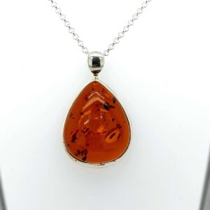 Large plain pear amber & silver pendant