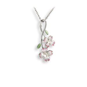 Enamel Dogwood Flower & White Pearl Necklace
