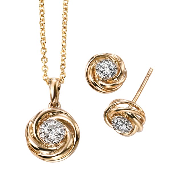 9ct yellow gold diamond set knot pendant on chain £580 & earrings £345 from Sally Thornton Jewellery Blog on Knots from Thorntons Jewellers Kettering Northampton