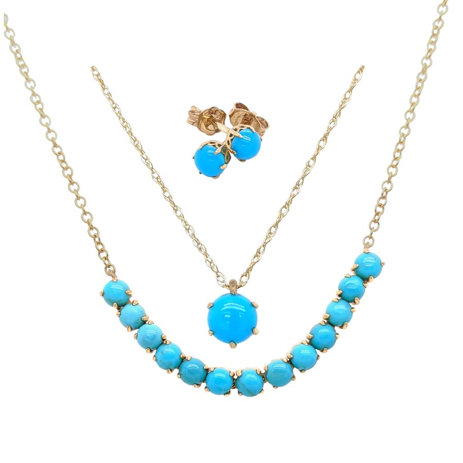 9ct yellow gold 13 turquoise bead necklet £550 pendent on a chain £175 & stud earrings £195 From Sally Thorntons Jewellery blog at Thornton Jeweller Kettering Northampton