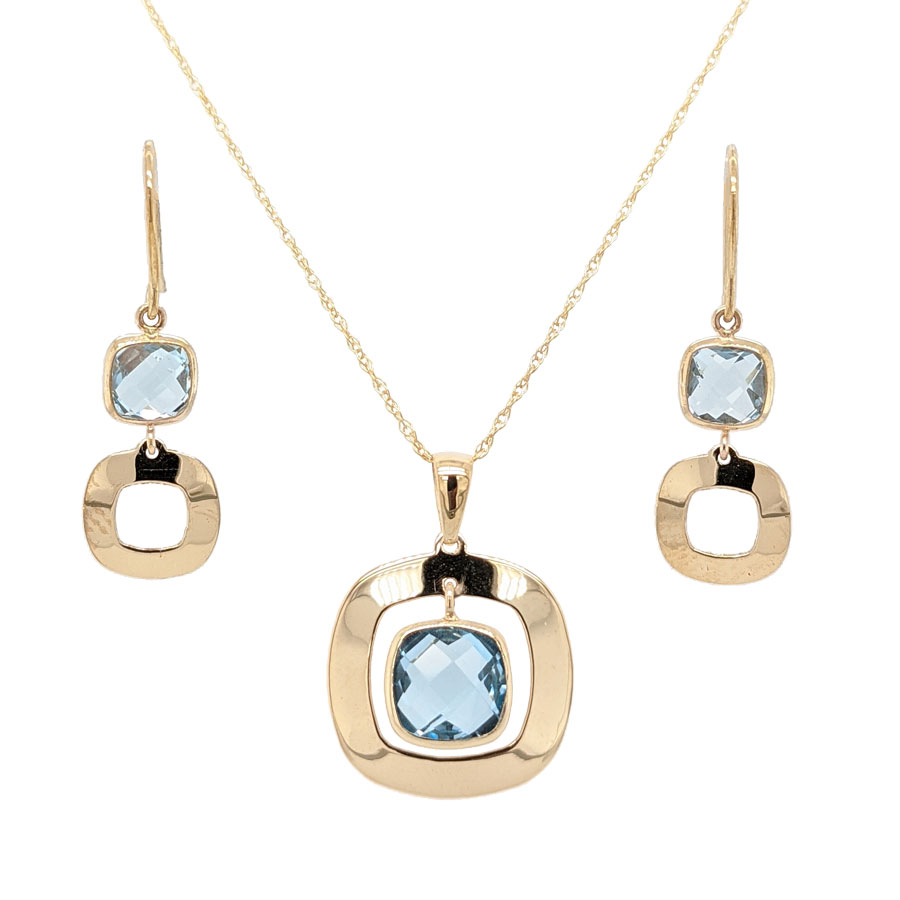 9ct yellow gold faceted blue topaz pendant on a chain £195 and earrings £125 From Sally Thorntons Jewellery blog at Thornton Jeweller Kettering Northampton