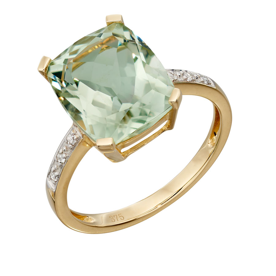 9ct yellow gold green amethyst ring with diamond set shoulders £395 From Sally Thorntons Jewellery blog at Thornton Jeweller Kettering Northampton