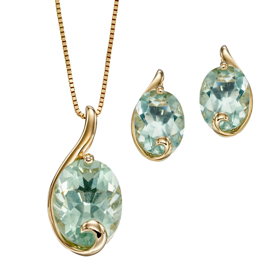 9ct yellow gold green fluorite pendant on chain £295 & earrings £225 From Sally Thorntons Jewellery blog at Thornton Jeweller Kettering Northampton