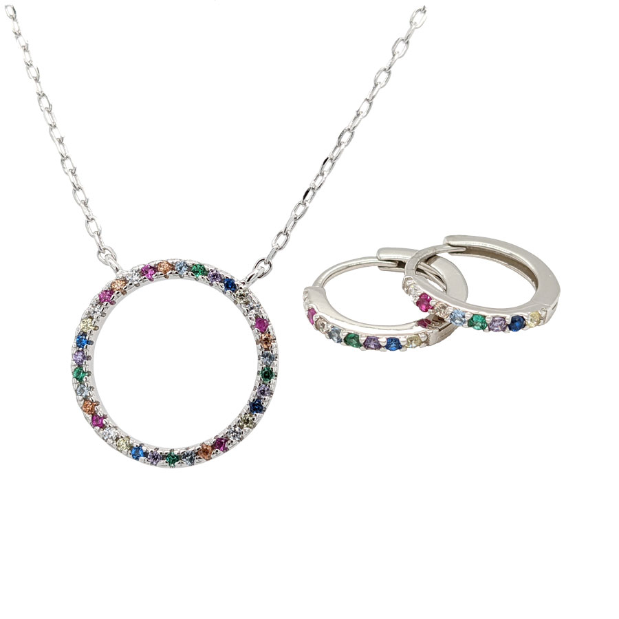 Delicate silver multi stone circular hoop pendant £41 and matching hoop earrings £25 