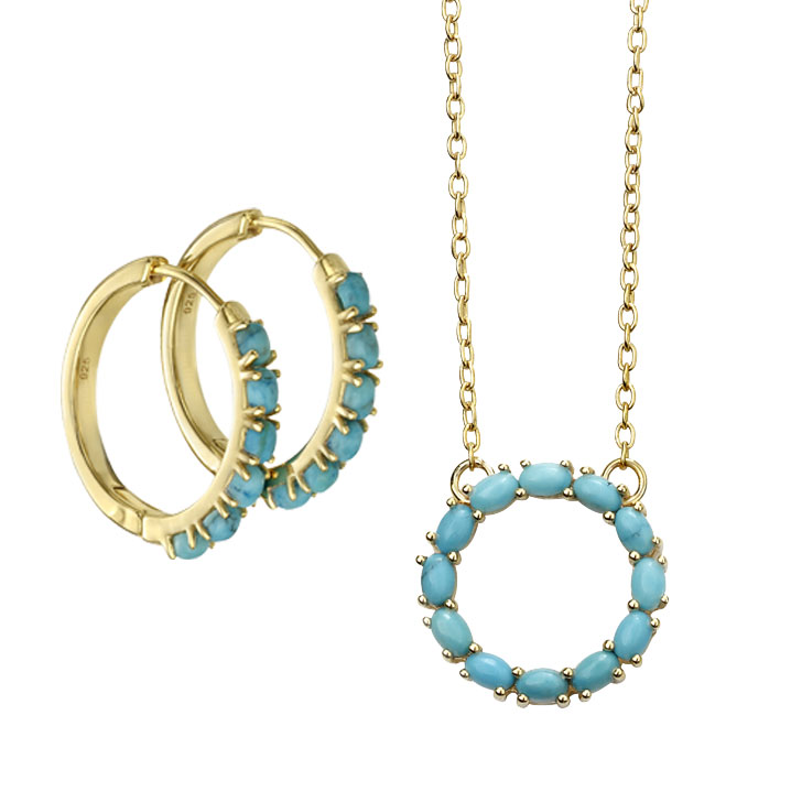 Gold plated magnesite circular pendant with chain £69 and hoop earrings £69 From Sally Thorntons Jewellery blog at Thornton Jeweller Kettering Northampton