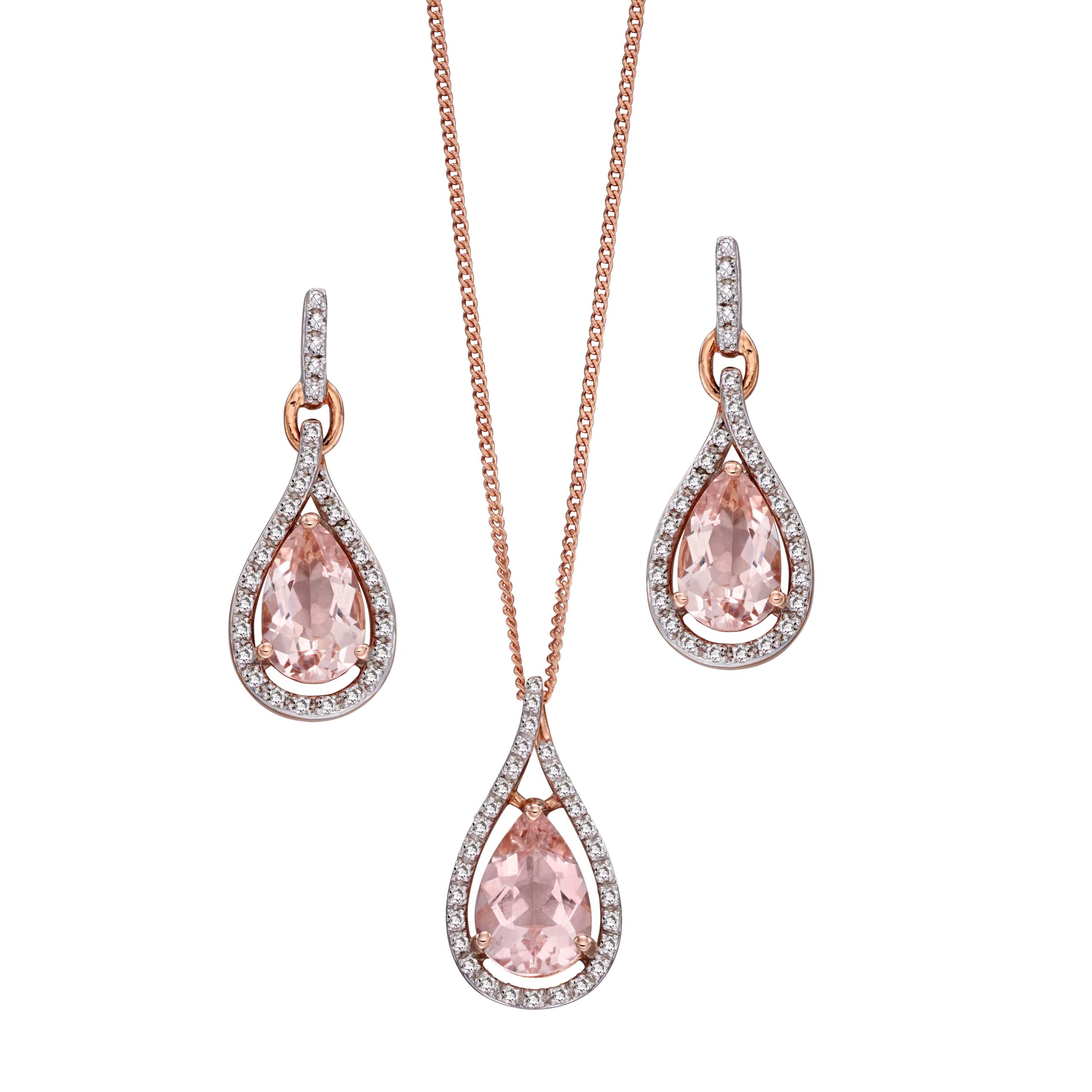 9ct rose gold morganite & diamond pendant on a chain and earrings on Sally Thorntons jewellery blog from AA Thornton Kettering Northampton