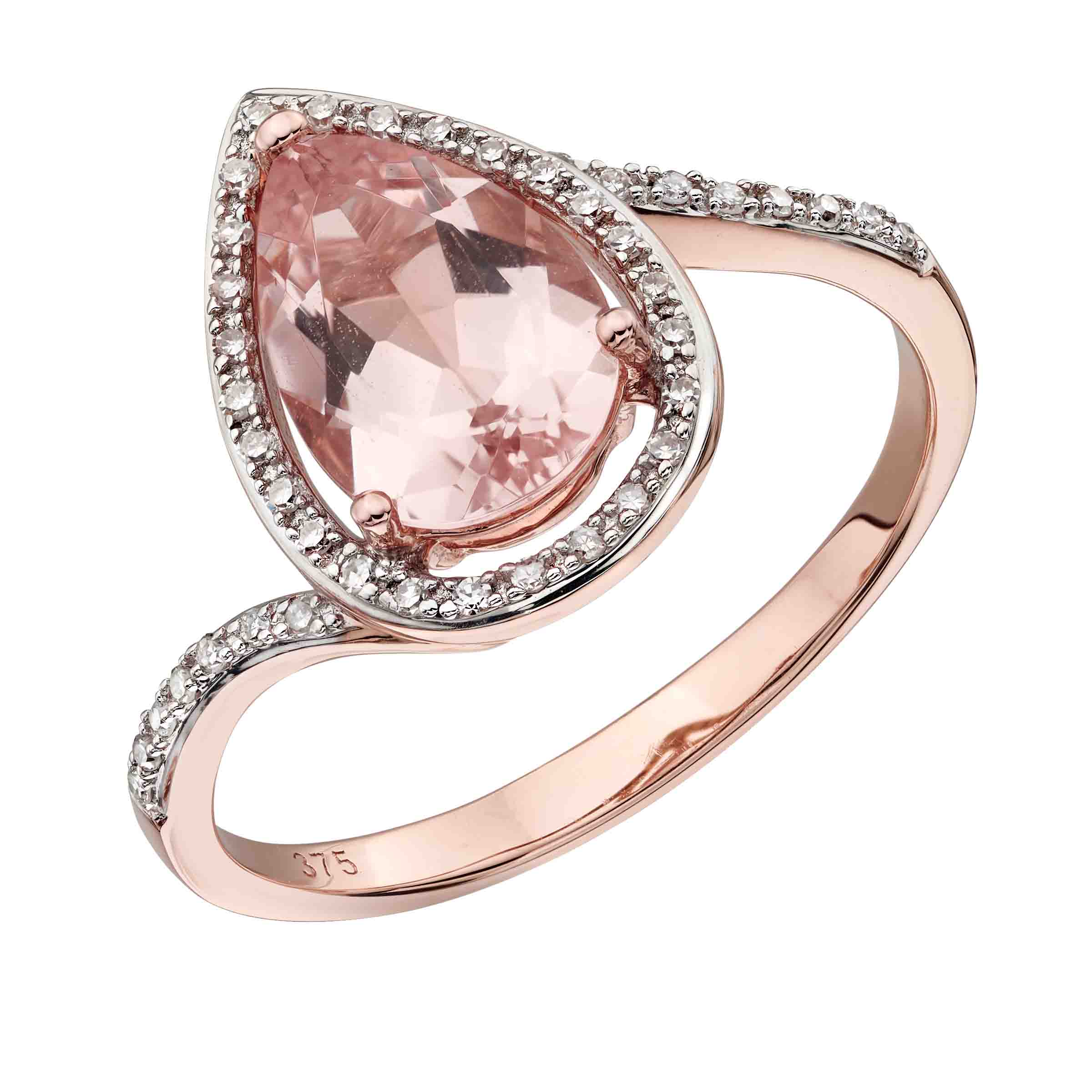 9ct rose gold pear shaped morganite & diamond cluster ring on Sally Thorntons jewellery blog from AA Thornton Kettering Northampton 