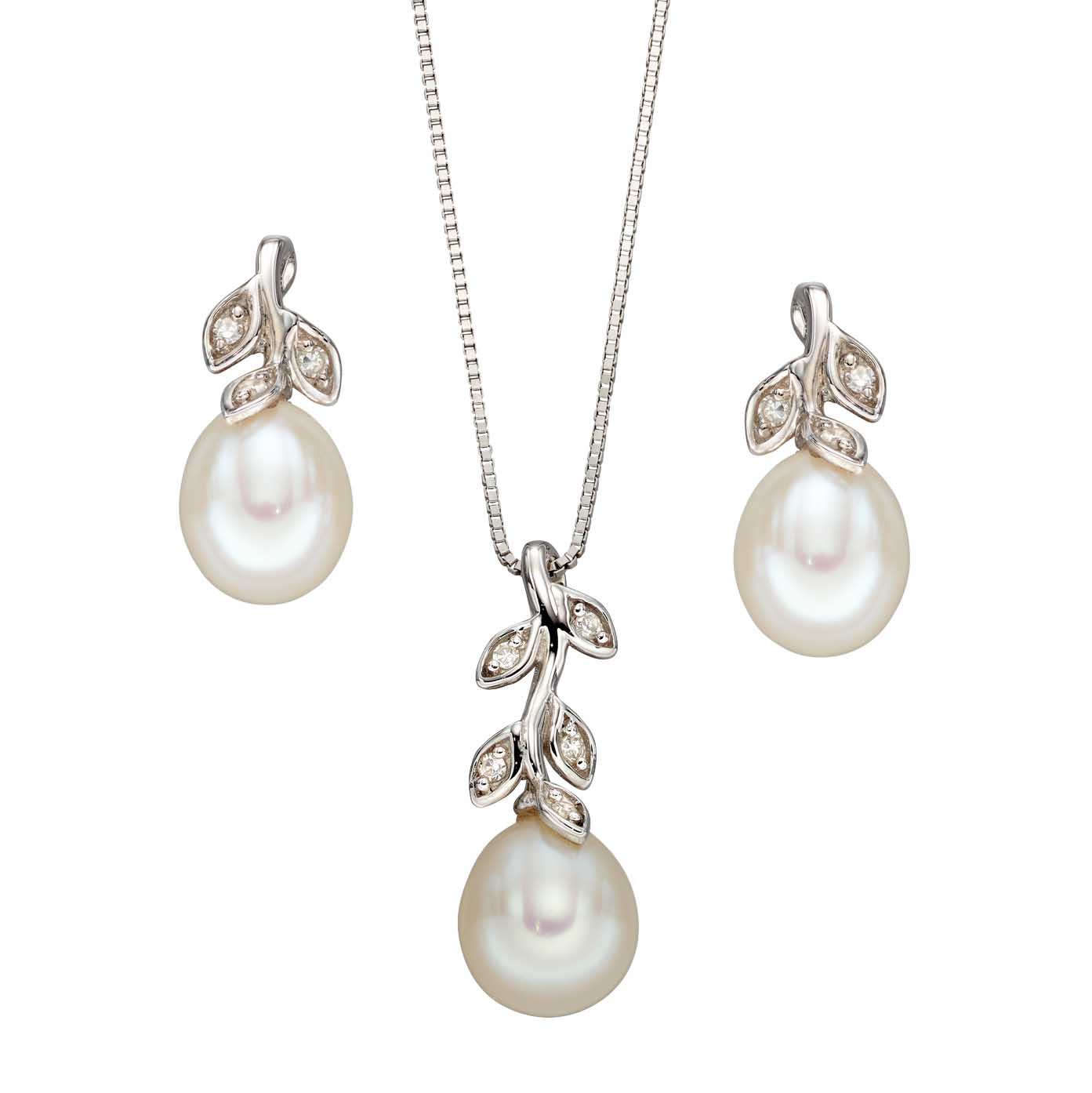9ct white gold pearl and diamond leaf pendant on chain and earrings on Sally Thorntons jewellery blog from AA Thornton Kettering Northampton 