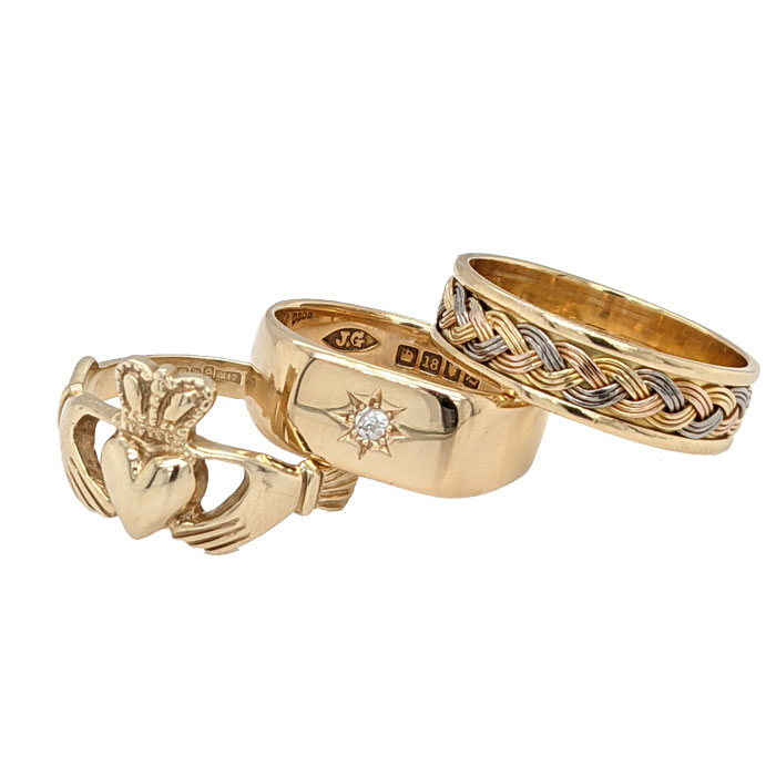 94846 99634 92265 10ct Claddagh ring £175, 18ct star set diamond signet ring £495 & 18ct three colour gold ring £82 on Jewellery blog by Sally Thornton for Thorntons Jewellers Kettering Northampton