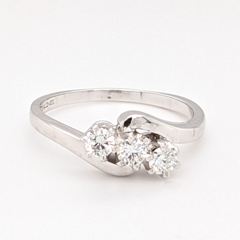 Pre loved 18ct white gold 3 stone diamond ring with new platinum setting £695 our ref 99774 on Sally Thorntons jewellery blog from AA Thornton Kettering Northampton 