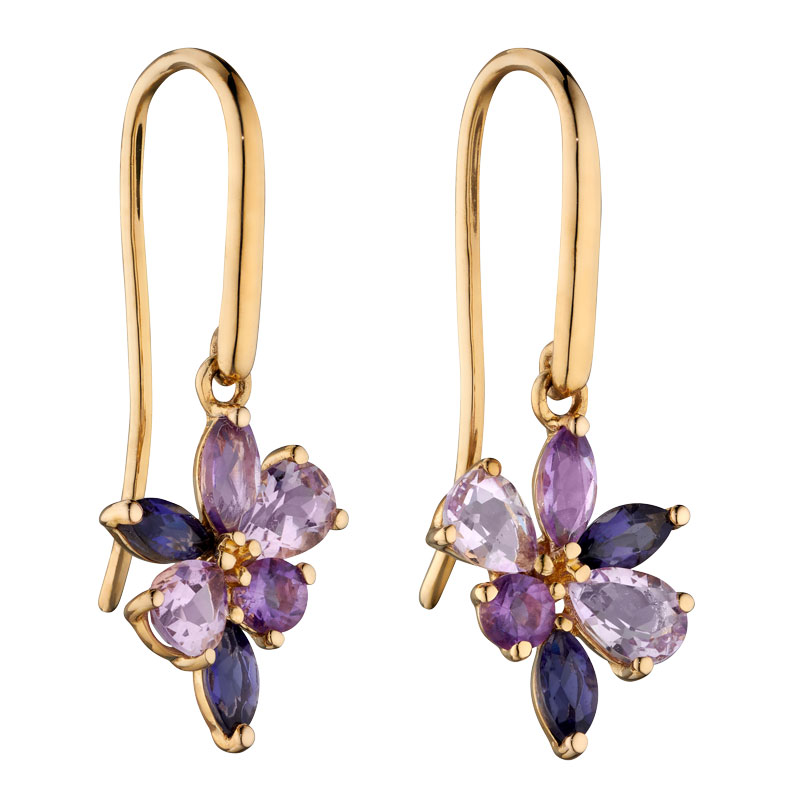 9ct yellow gold iolite and amethyst drop earrings £198 Sally Thorntons blog on earrings from Thornton Jeweller Kettering Northampton