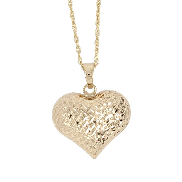 9ct Yellow gold puffed heart pendant on a chain £149 our ref 103233 from Sally Thorntons blog at AA Thornton Jeweller Kettering Northampton