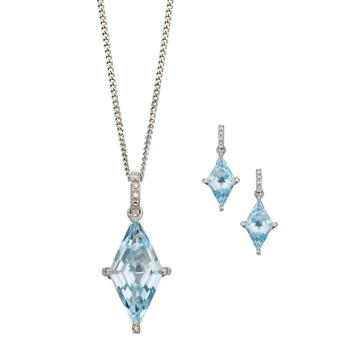 9ct white gold blue topaz and diamond pendant on chain £420 and matching earrings £470 on Sally Thorntons Jewellery Blog from AA Thornton jeweller Kettering Northampton