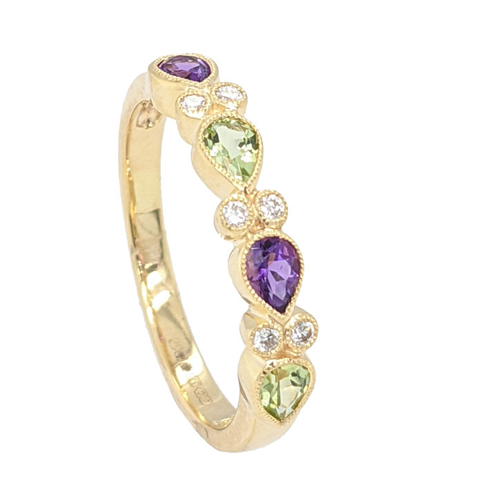 9ct yellow gold amethyst peridot and diamond ring £945 ref 103341 on Sally Thorntons Jewellery Blog from AA Thornton jeweller Kettering Northampton