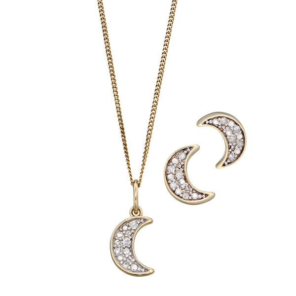 9ct yellow gold diamond set moon pendant on chain £225 and stud earrings £145 from Sally Thorntons blog at AA Thornton Jeweller Kettering Northampton