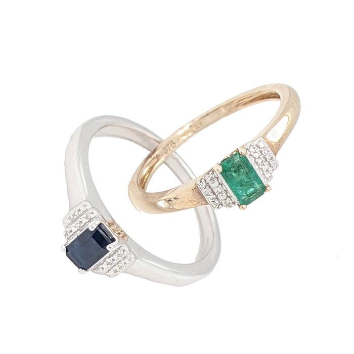 Art Deco inspired 9ct diamond and baguette cut emerald ring £485 and sapphire £495 ref 97658 102380 on Sally Thorntons Jewellery Blog from AA Thornton jeweller Kettering Northampton