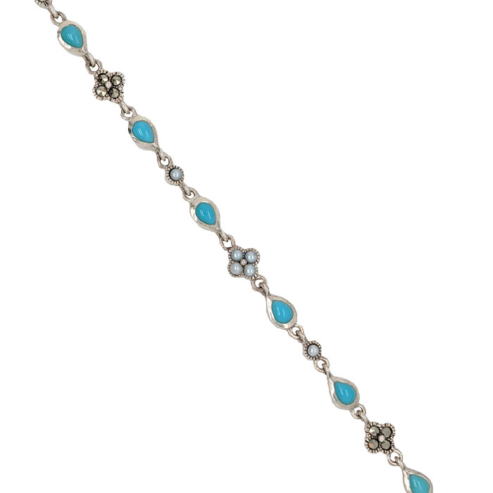 Marcasite, pearl and turquoise bracelet £145 our ref 102950 on Sally Thorntons Jewellery Blog from AA Thornton jeweller Kettering Northampton