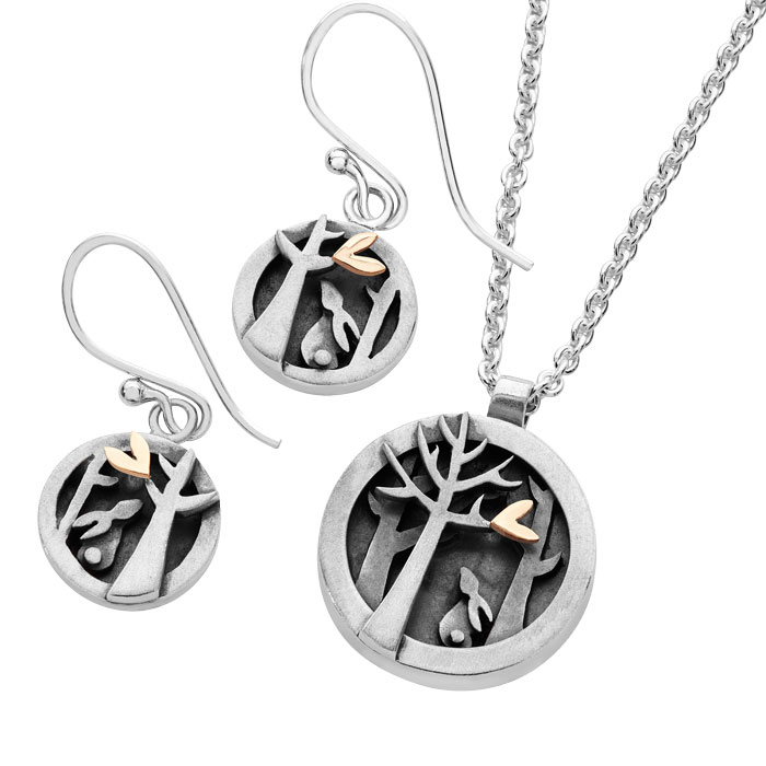Silver and 9ct gold Woodlands earrings £92 and pendant £159 on Sally Thorntons Jewellery Blog from AA Thornton jeweller Kettering Northampton