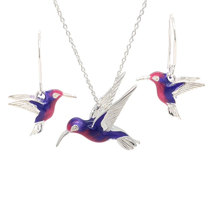 Silver enamelled hummingbird necklace £65 and earrings £45our ref 103080 103031 on Sally Thorntons Jewellery Blog from AA Thornton jeweller Kettering Northampton