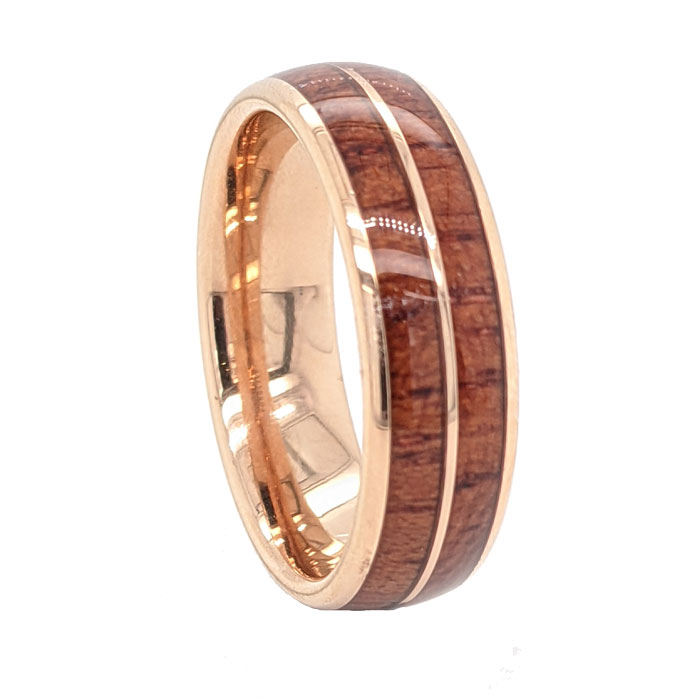 Tungsten Carbide wooden inlay ring in rose £49 ref 103403 on Sally Thorntons Jewellery Blog from AA Thornton jeweller Kettering Northampton