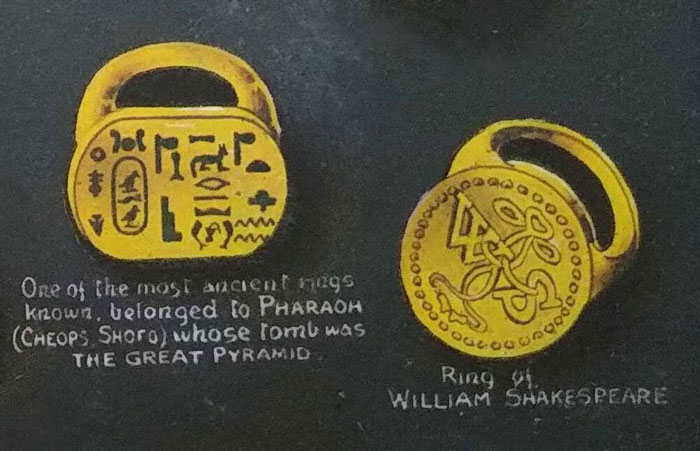 2 signet rings one of William Shakespeare and one of a Pharaoh 