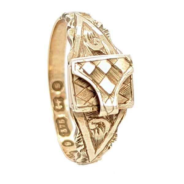 9ct gold engraved double hinged concealed picture ring closed from Sally Thorntons jewellery blog on historical rings at Thornton Jeweller Kettering Northampton